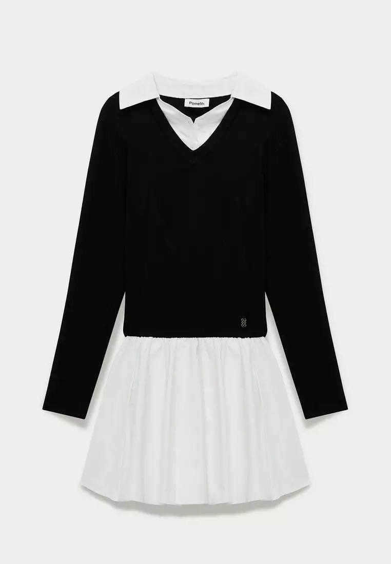 Layered Collared Shirt Pleated Hem Mini Dress - Black