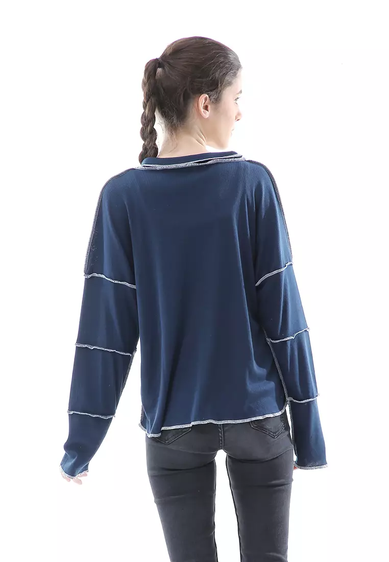 Veronica Blouse Terbalik Relaxed Motif Polos Long Sleeve Premium Quality - Navy