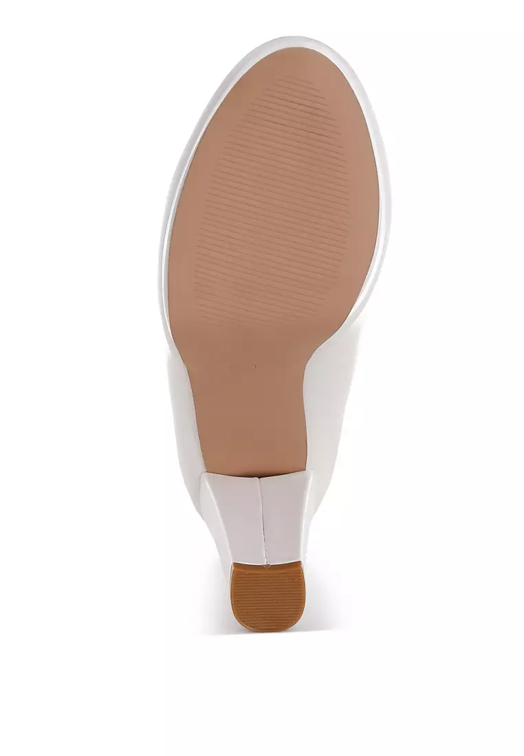Faux Leather Block Heel Pumps In White