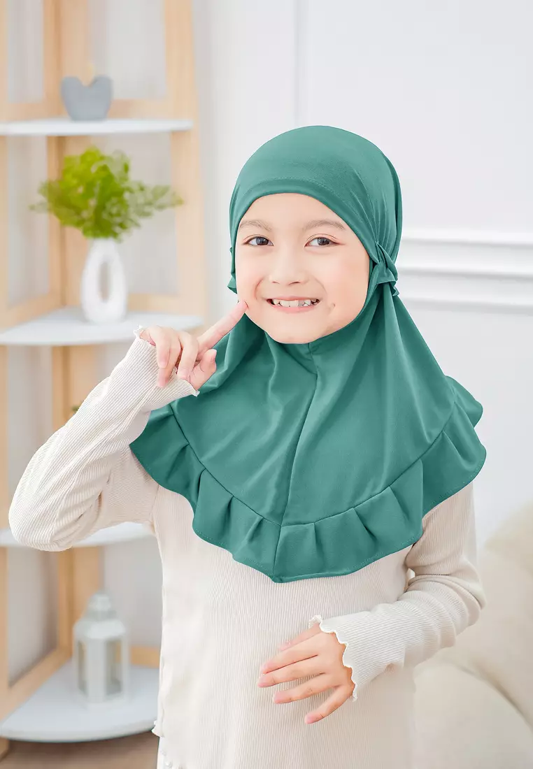 Cotton Bee - Ziva Ruffle Instan | Hijab Instan Anak | Kerudung Jilbab Bergo Tali Anak - Teal Turquoise - M