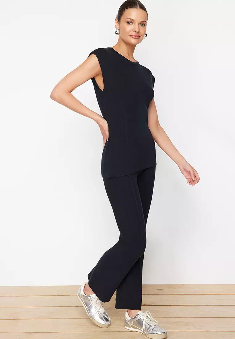 Navy Blue Cotton Thin Blouse Trousers Knitwear Bottom-Top Set TWOSS24AU00115