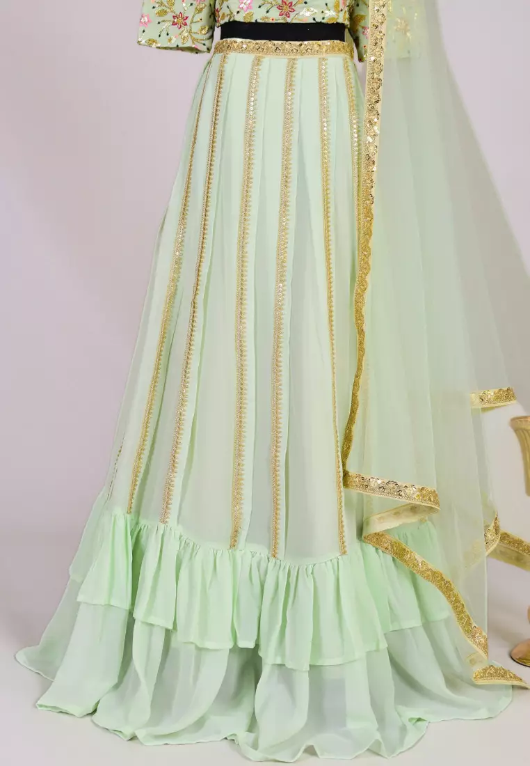 Mint Georgette Sequin-Embroidery Lehenga Skirt Blouse & Dupatta Set