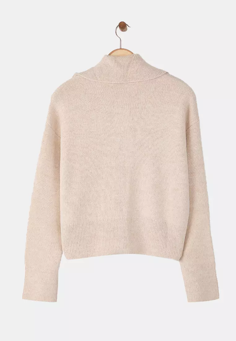 Stone Turn Down Collar Soft Texture Wide Fit Zip Up Knitwear Cardigan