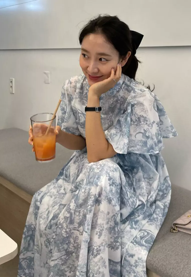 Summer vintage ink wash lace up chiffon dress CA25032717BL