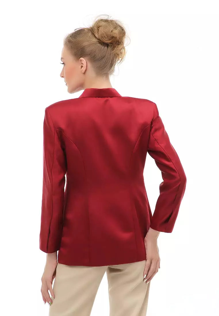 Qemsya Outer Blazer Kasual Formal Wanita Lengan Panjang Material Wool Twist ORIGINAL - Maroon