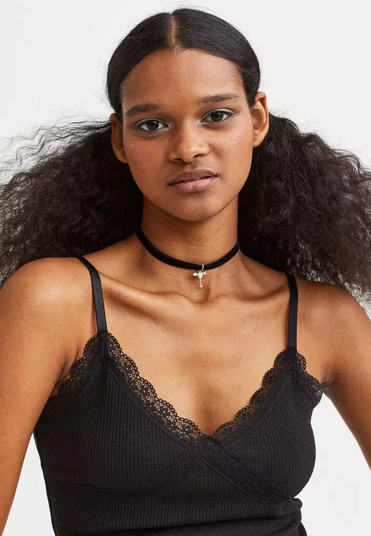 Buy H&M Lace-Trimmed Ribbed Top Online
