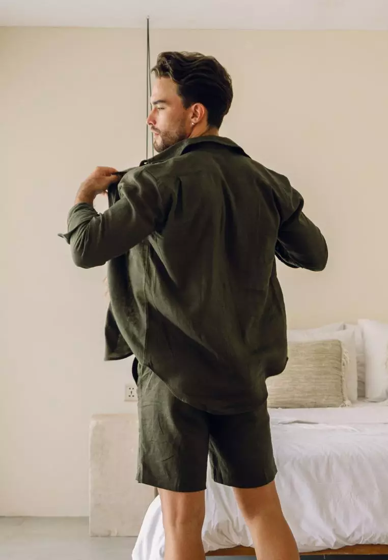 Midnight Green Setelan Kemeja Celana Linen Set Pria Hijau Army | Linen Set Men Army Green