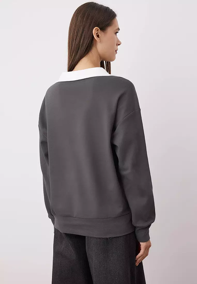 Anthracite Color Block Polo Neck Relaxed/Comfortable Pattern Knitted Sweatshirt