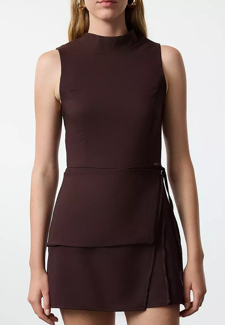 Brown Binding Detailed Mini Woven Shorts Skirt Jumpsuit