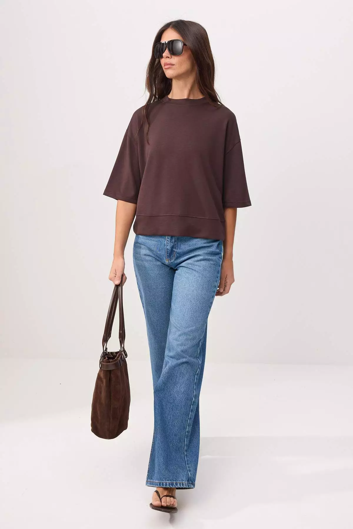 Brown Oversized /Wide Fit Low Sleeve Three Quarter Soft Touch Knitted T-Shirt Twoss26Ts182