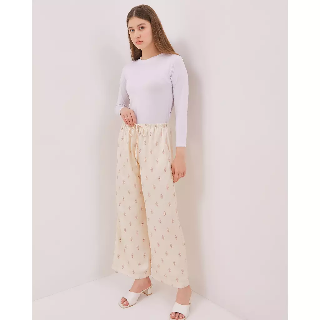 Urban Exchange Pants Shula Beige - Celana Kulot Panjang Prints Satin Cream