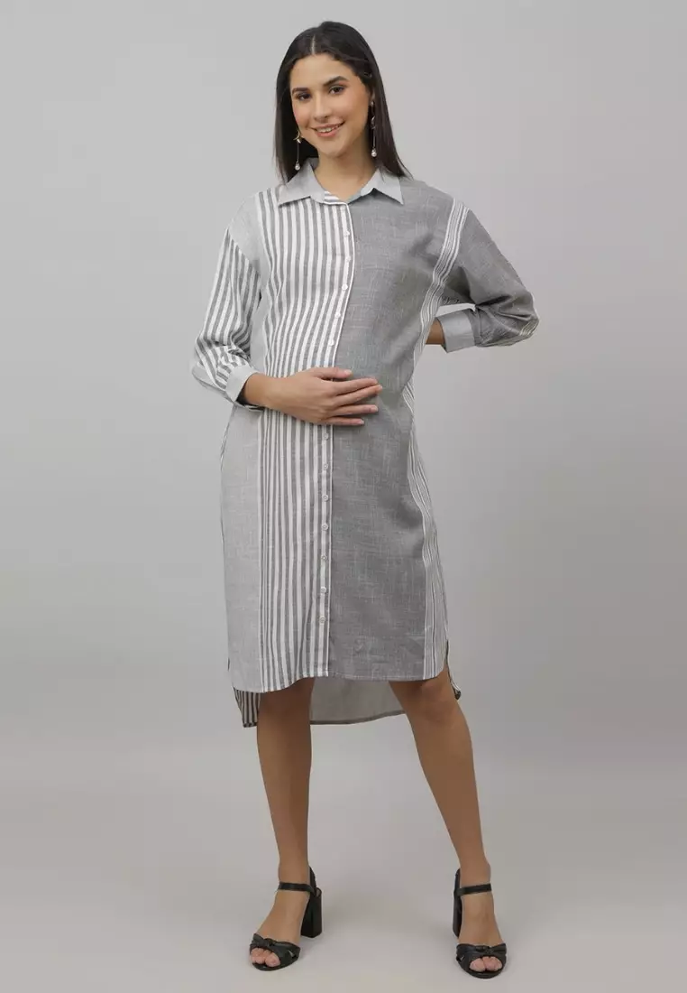 铬珍珠孕妇和哺乳期大廓形衬衫连衣裙