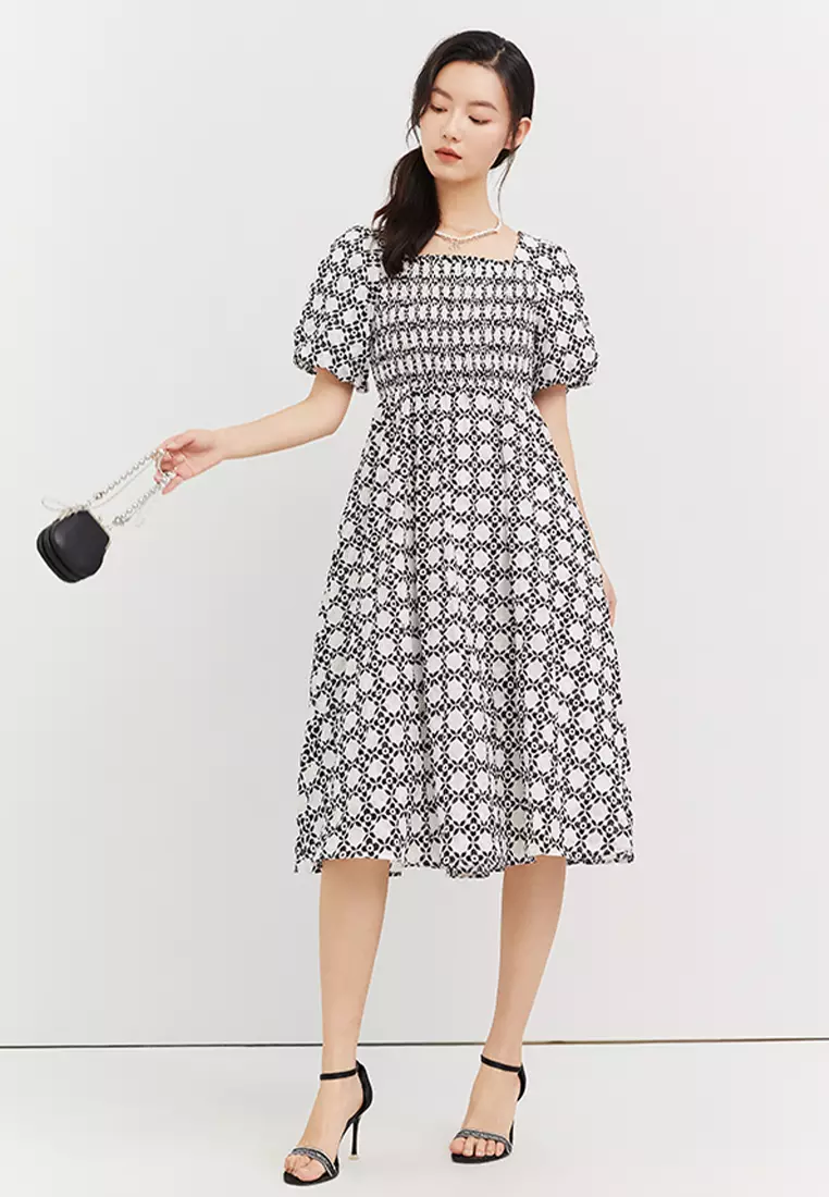 Puff Sleeve Square Neck Plaid Midi Dress