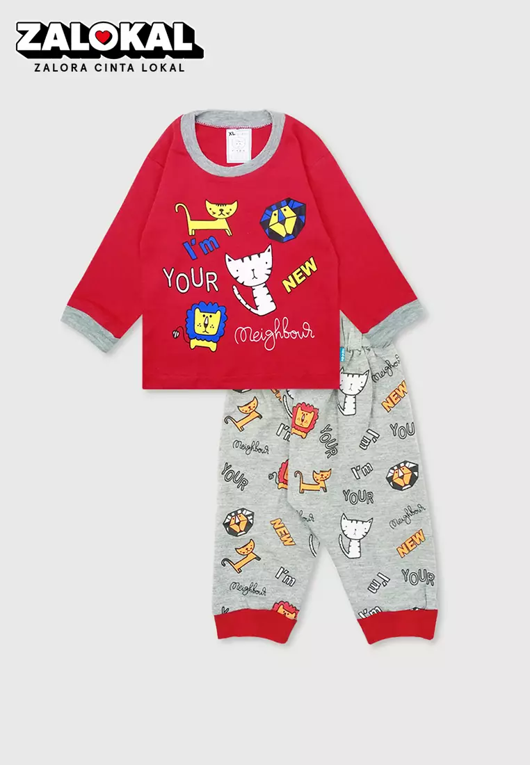 Wakakids Setelan Bayi Baju Lengan Panjang Anak Usia 12 Bulan Hingga 18 Bulan Set Piyama Baju Tidur Motif Cat Meow 3326 Merah