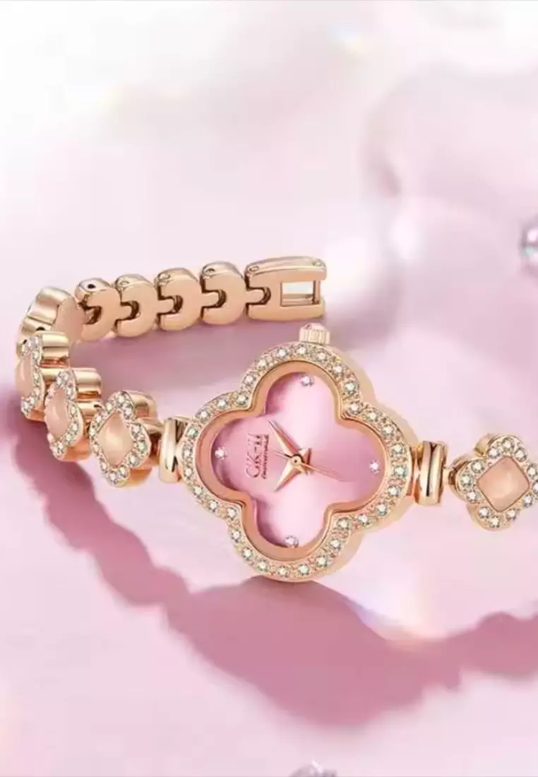 女士幸運四葉草不鏽鋼石英腕錶，鑲有水晶，金屬錶帶