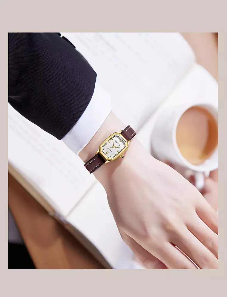 Jam Tangan Wanita Mode Tali Kulit Gaya retro Korea Berlian Jam Tangan Cewek coffee white
