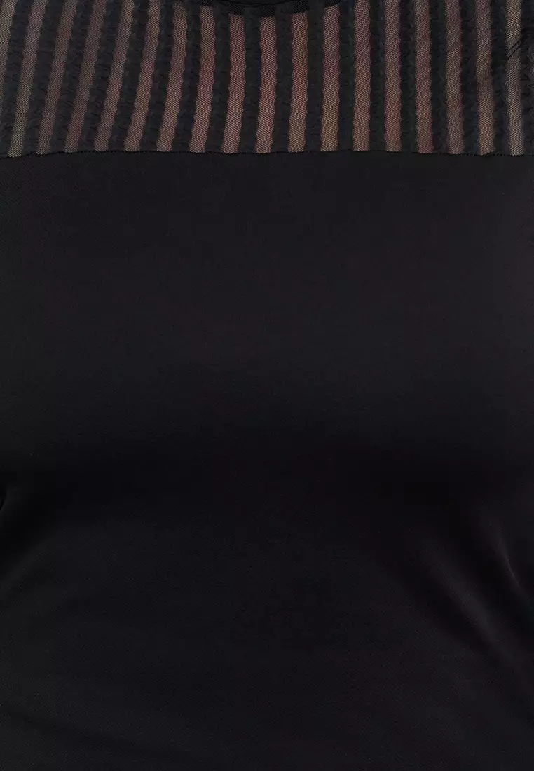 Black Stand Collar Laced Body-Smoothing Knitted Plus Size Blouse TBBAW25AF00010