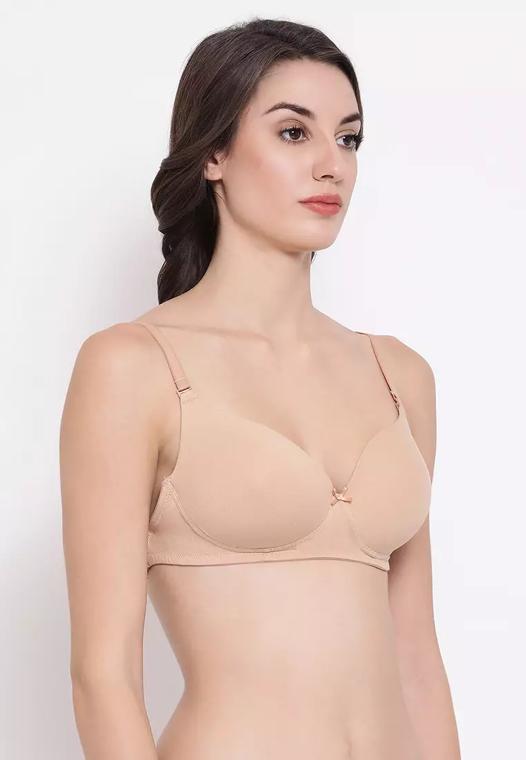 Clovia Invisi Lightly Padded Non-Wired Full Cup Multiway Backless T-Shirt Bra in Nude Colour - Cotton Rich