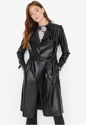 Trendyol black Belted Faux Leather Trench Coat DBE7FAAD57D6AEGS_1