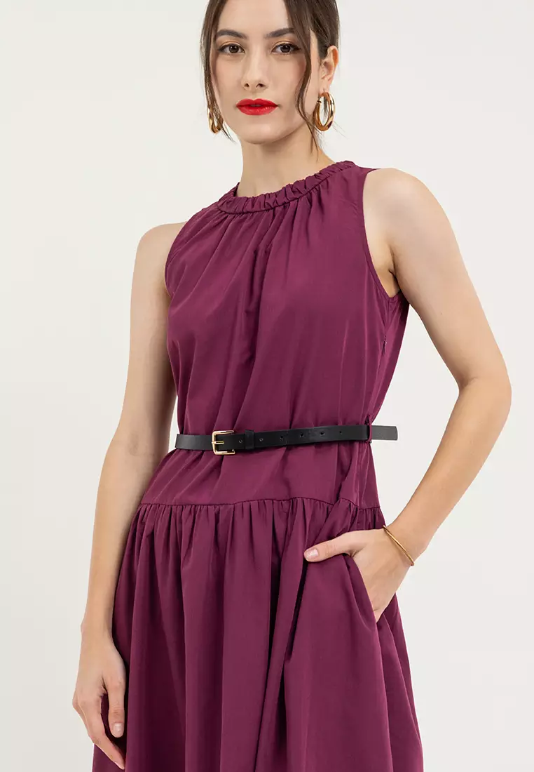 Cherino Shirred Neckline Belted Dress