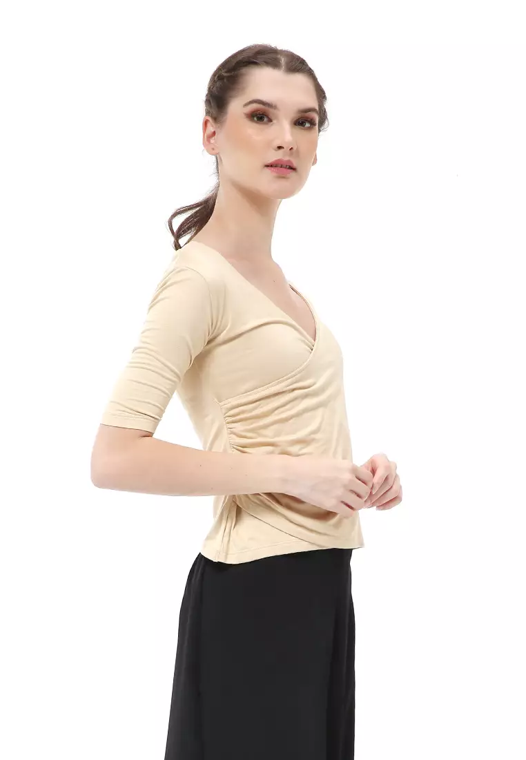 Cerise Atasan Wanita Ruffle T-shirt Casual Kaos Short Sleeve Material Rayon Lycra ORIGINAL - Beige