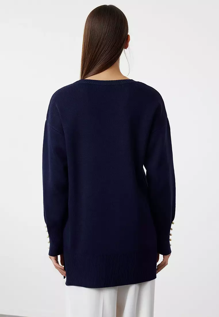 Navy Blue Pearl Detailed Knitwear Sweater Tctaw25Ak00007