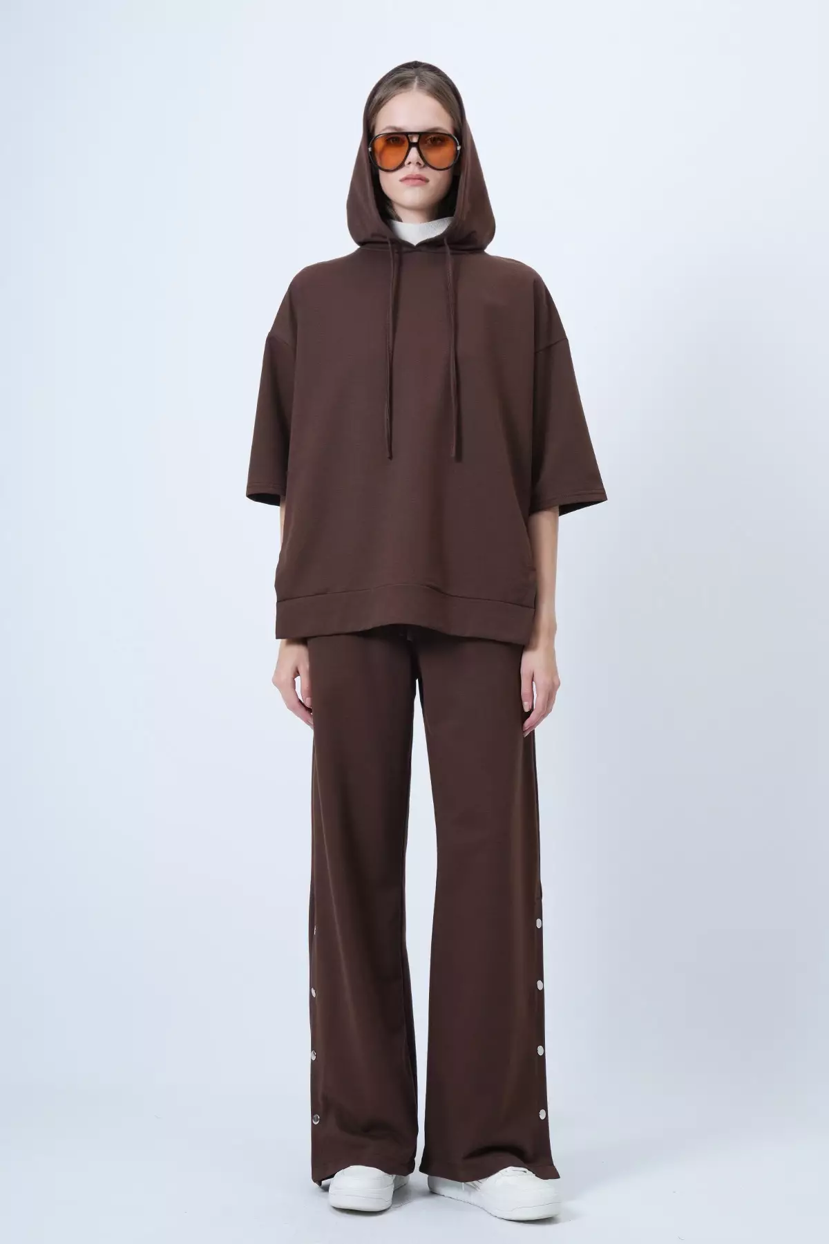 Women'S Brown Hooded Sweatshirt With Side Slits And Wide Leg Pants Set Alc-X14607