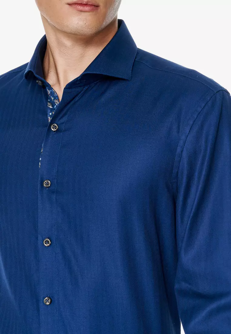 Navy Blue Herringbone Slim Fit Shirt