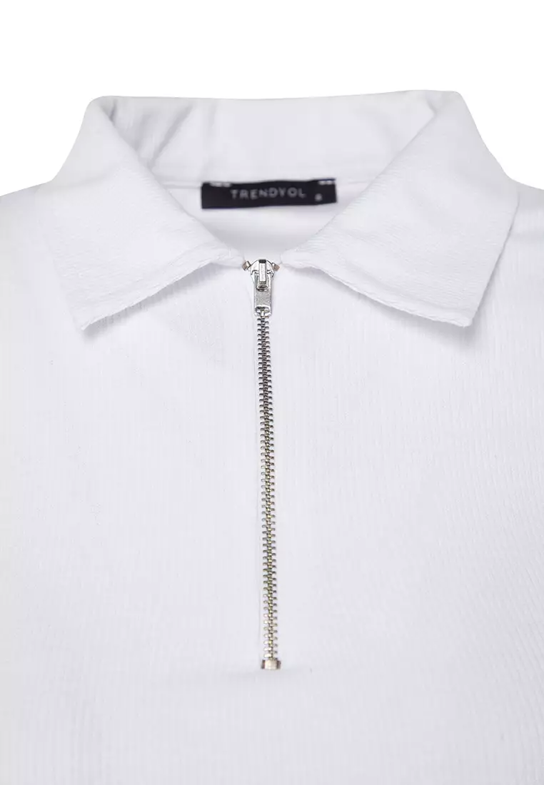 Zipper Detail Polo Collar Blouse