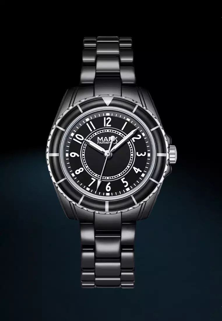 女士黑色陶瓷石英手錶，36mm，黑色錶盤，陶瓷手鐲