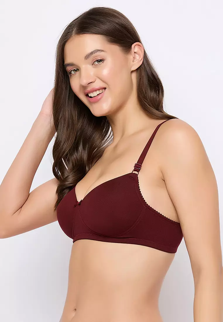 Clovia Padded Non-Wired Full Cup T-shirt Bra in Maroon - Cotton Lycra