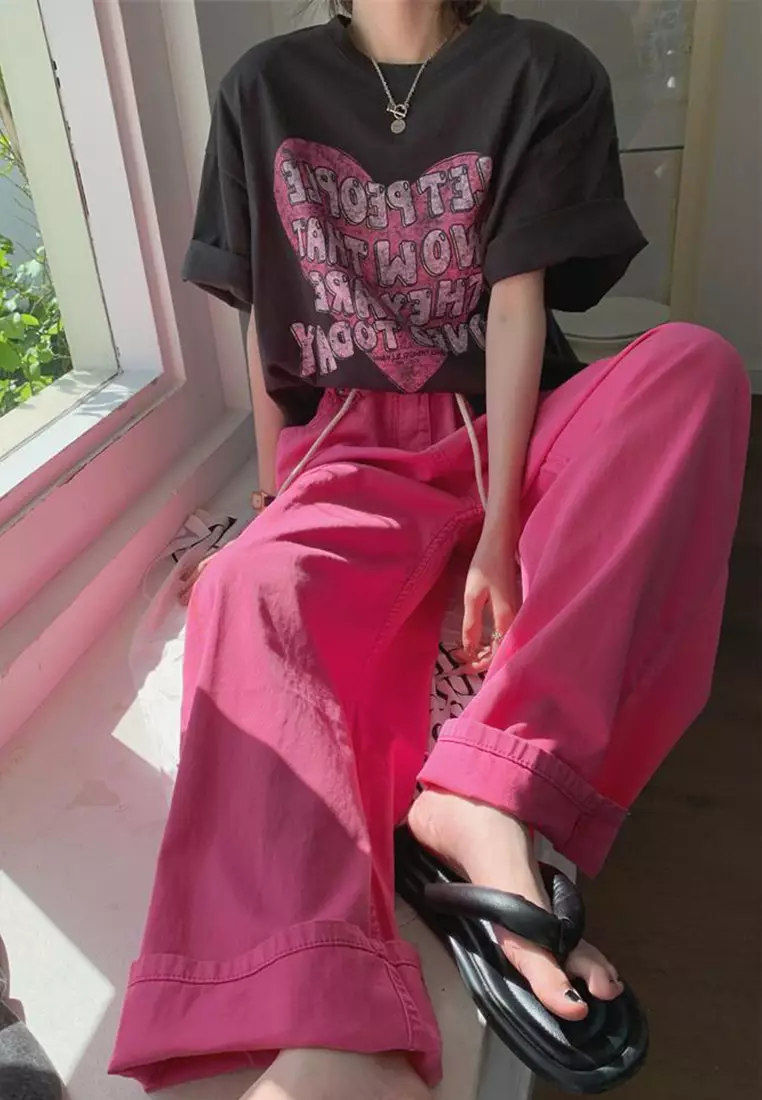 2025 S/S Casual And Playful High Waist Drawstring Waist Slimming Solid Color Straight Jeans CA230321280PI