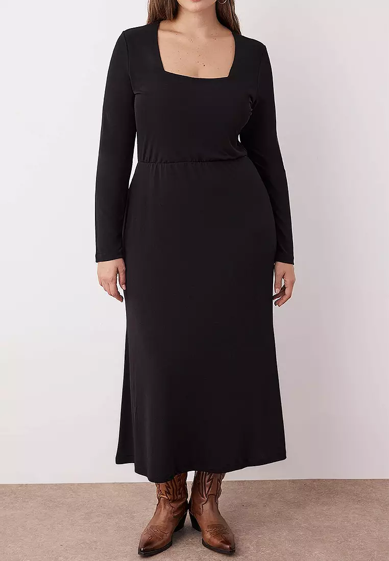 Square Neck A-Line Midi Stretch Knit Dress