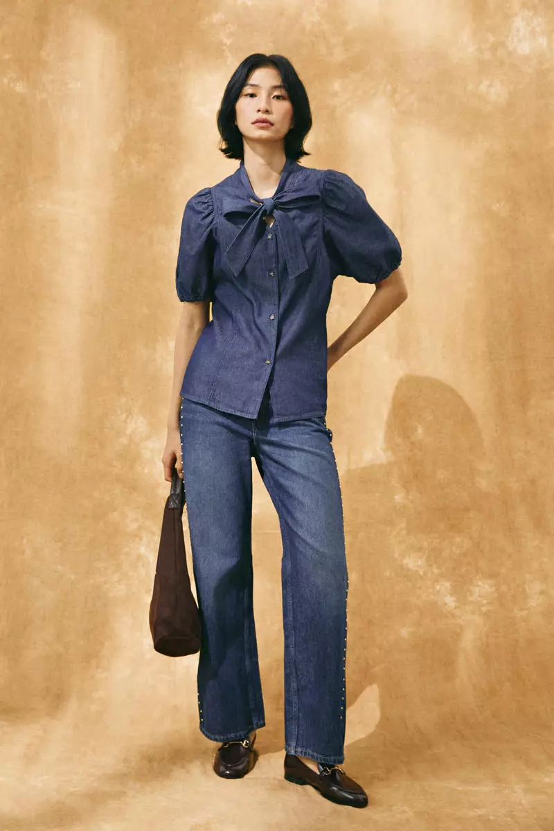 Tie-neck denim blouse