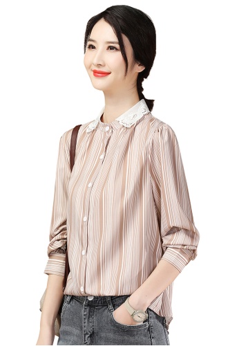 A-IN GIRLS white and brown Fashion Stitching Striped Blouse 2570EAA174A024GS_1