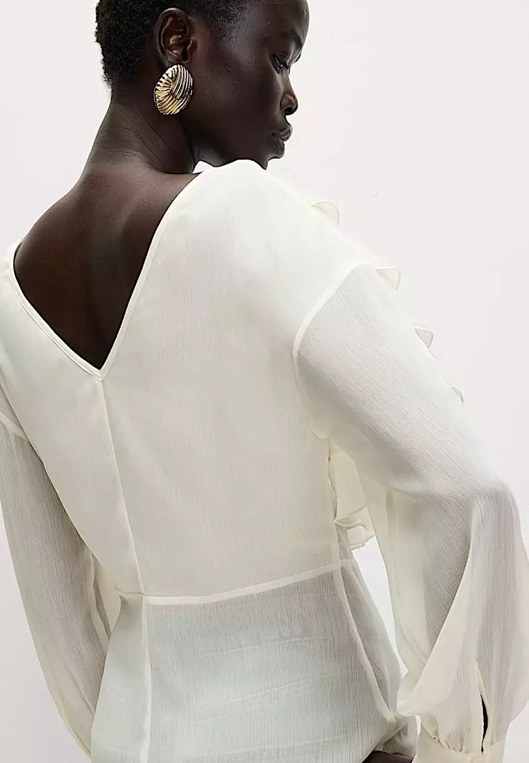 V-Neck Ruffle Tie Detail Button Through Blouse