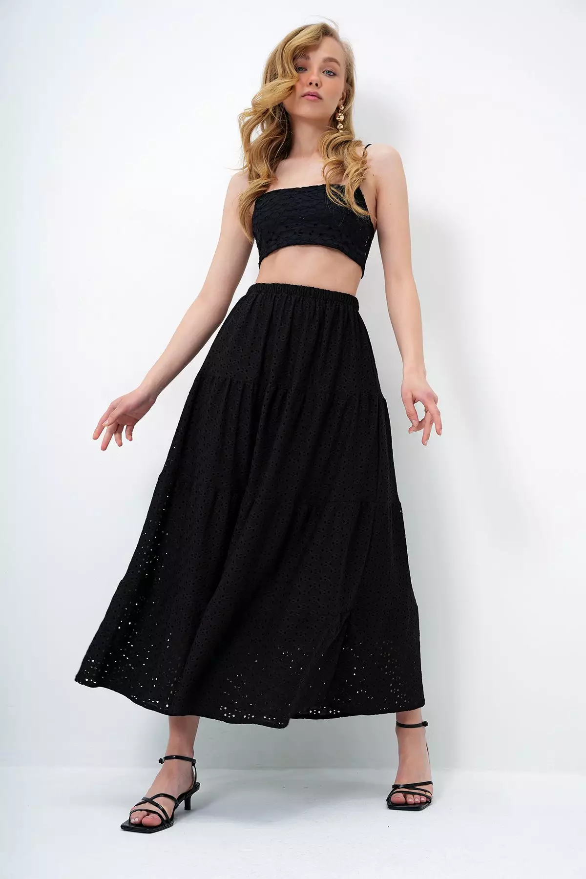 Women's Black Katkat Flounce Guipure Premium Skirt Alc-X14141