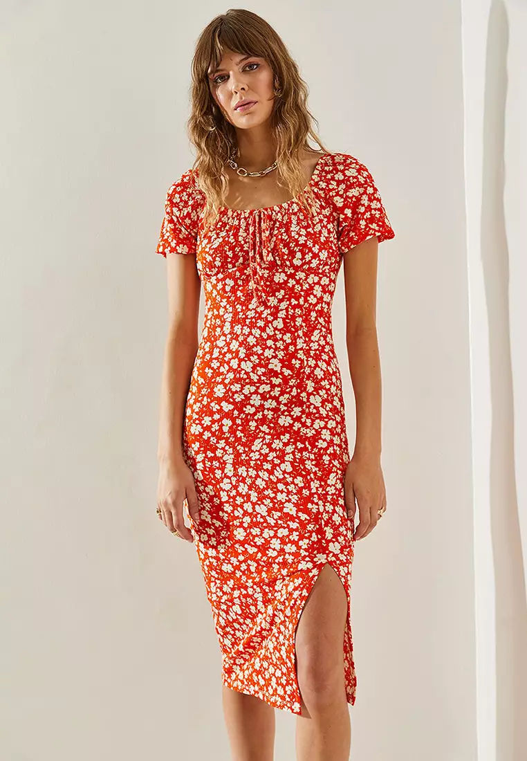 Women's Tie-Front Watermelon Sleeve Daisy Patterned Slit Detailed Dress 60251371