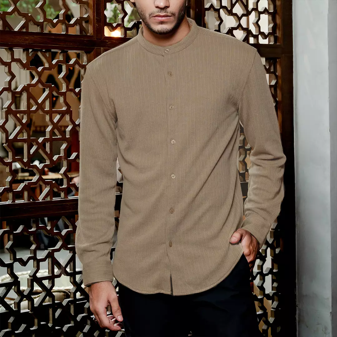 OXCON Kemeja Tangan Panjang Koko Knit Malik Collarless Shirt Mocca