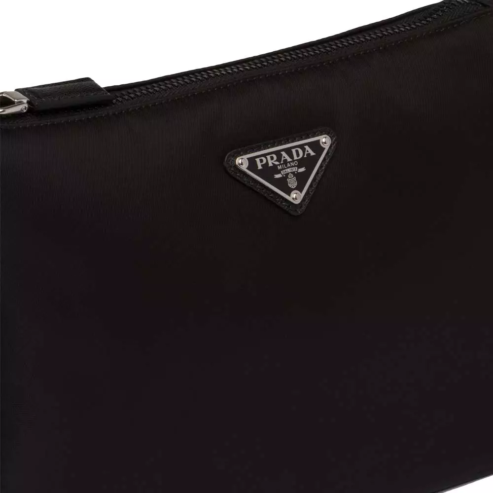 Triangular Logo Nylon and Saffiano Leather Shoulder Bag Black