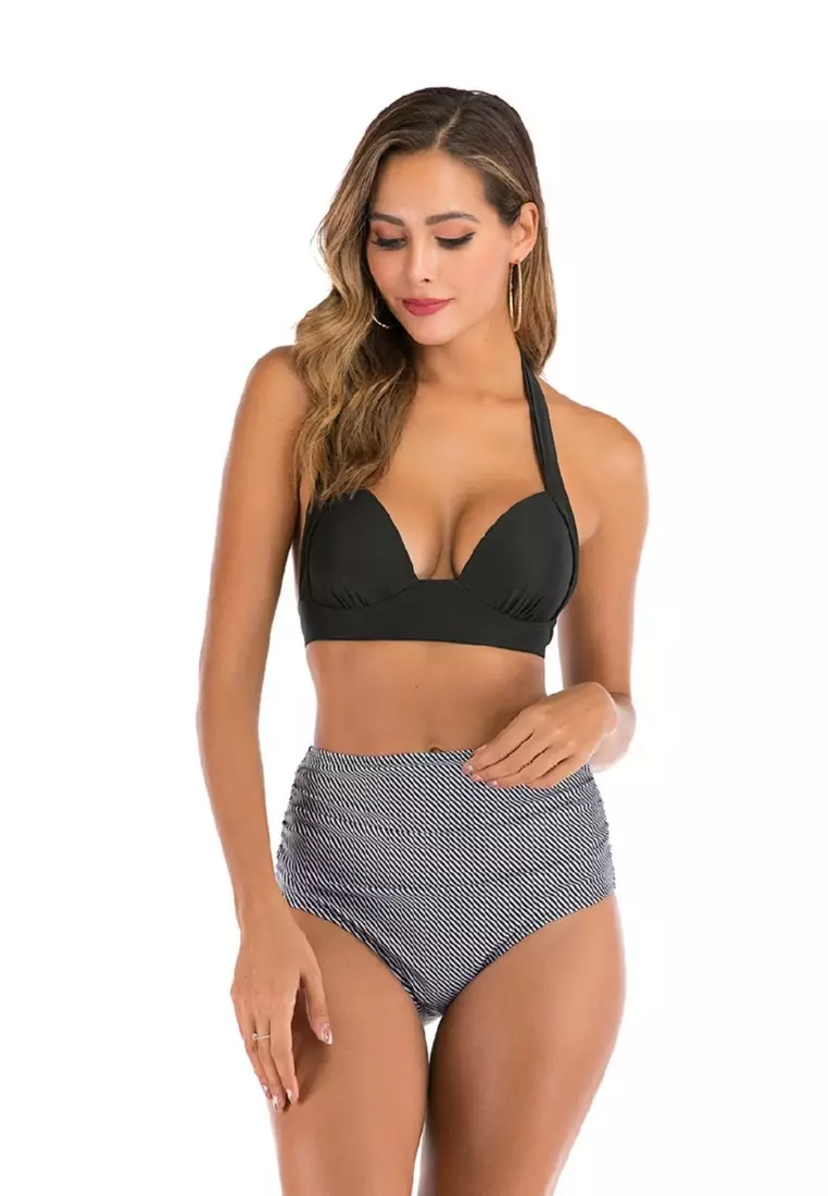 High Waisted Bikini Bottom and High Neck Halter Top in Black, Navy Blue,  Brown, Burgundy in S.M.L.XL. 