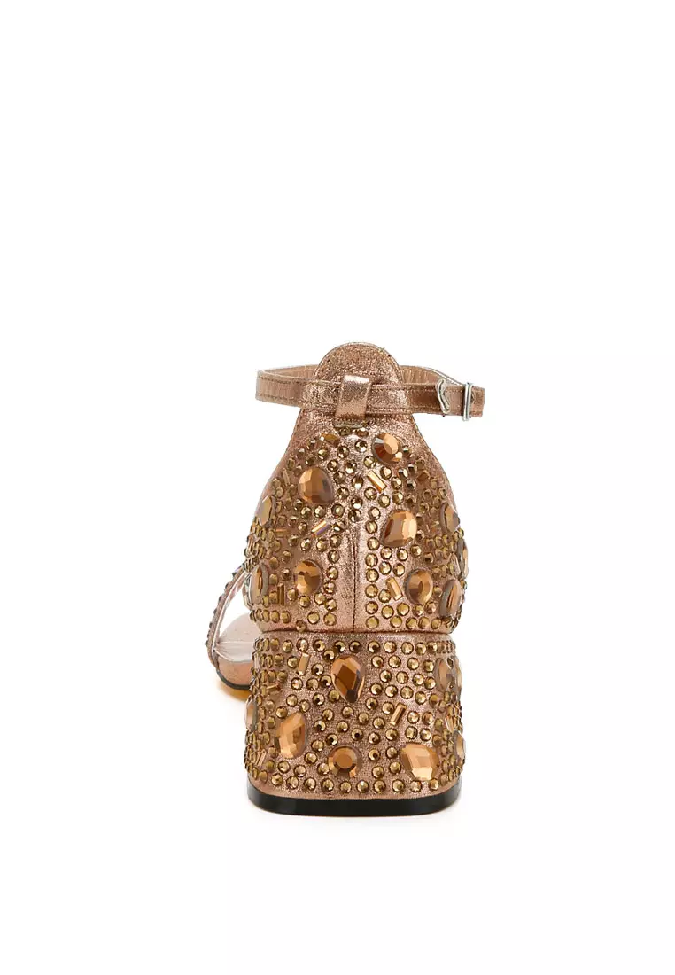 Rhinestone Embellished Shimmer Sandals in Bronze