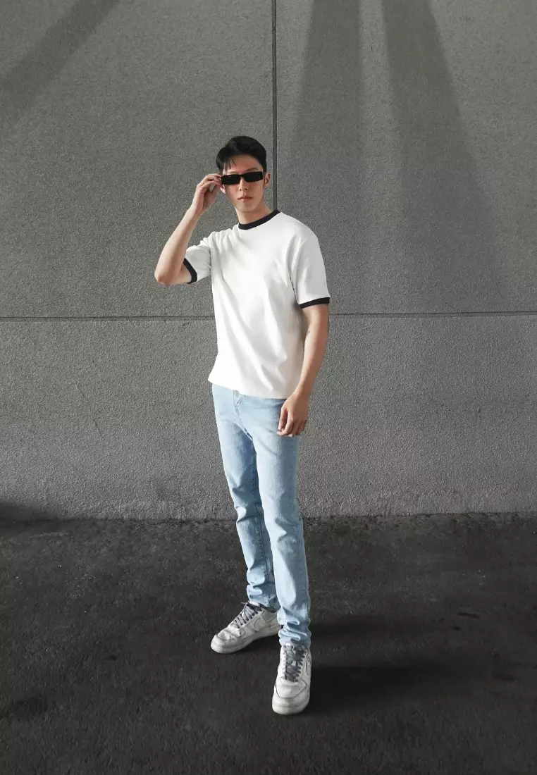 Kale Ringer White Navy / Cotton Cloudy / Kaos Boxy Fit / Kaos Korea / Atasan Kaos Pria / Kaos Basic Pria