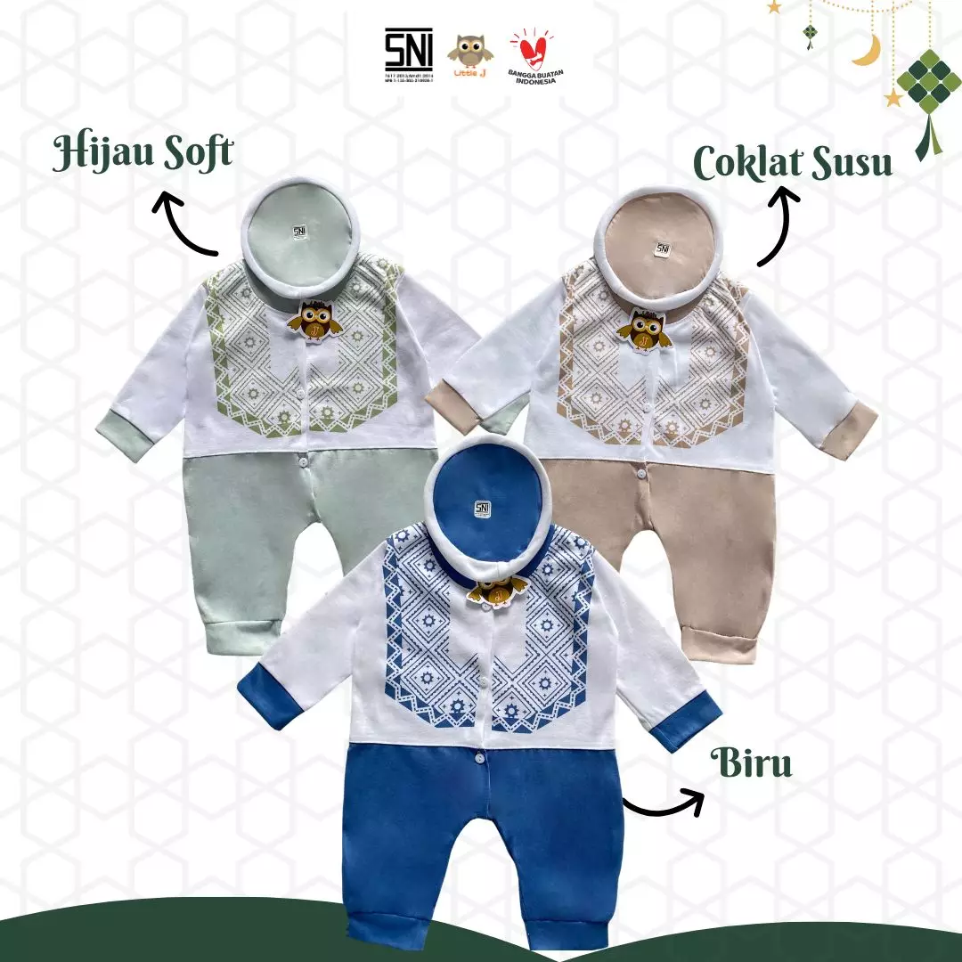 Little J - (1562 BIRU) Raya Collection Romper Koko Baby Setelan Baju Koko Bayi SNI Muslin Cowok Jumper Koko 0-9 Bulan Peci Double Knitted Sablon Aplikasi Kudung 3 Kancing Hidup