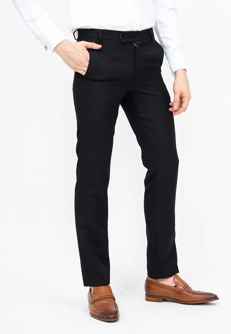Celana panjang pria slim fit kerja formal button celana bahan stretch Hitam