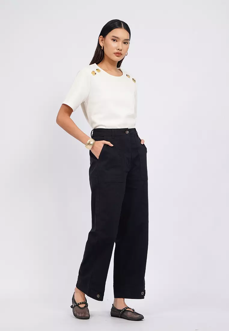 High Waist Buttoned Hem Pants BLACK
