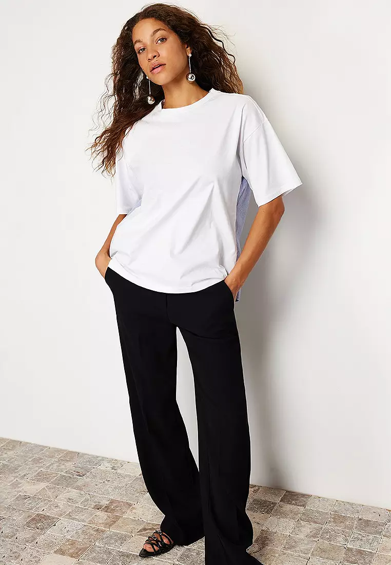 White Pink Striped Poplin Detail Oversize/Wide Pattern Knitted T-Shirt