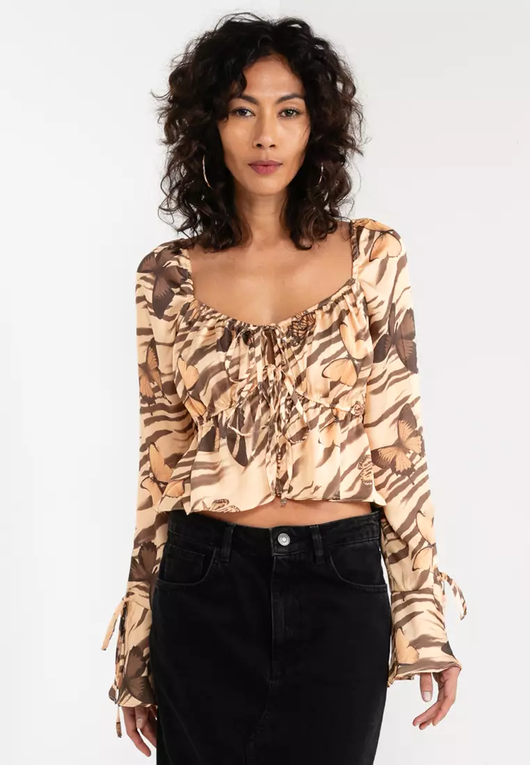 Tie Front Blouse With Flare Sleeve Corset Bust