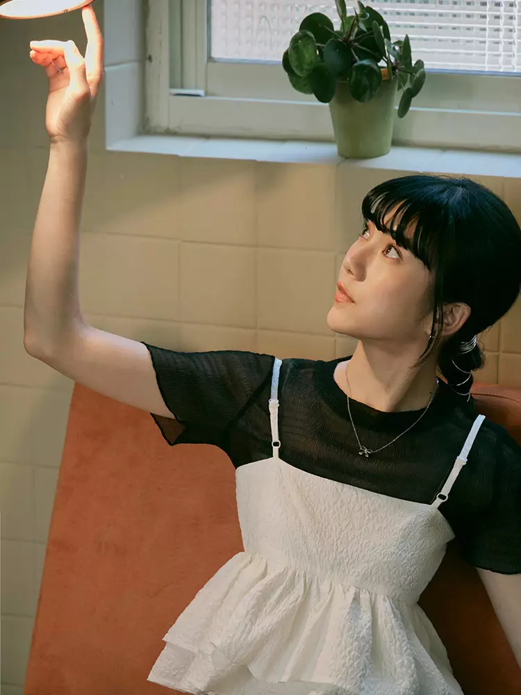 Wrinkled sheer mesh short-sleeve top [AB19539]