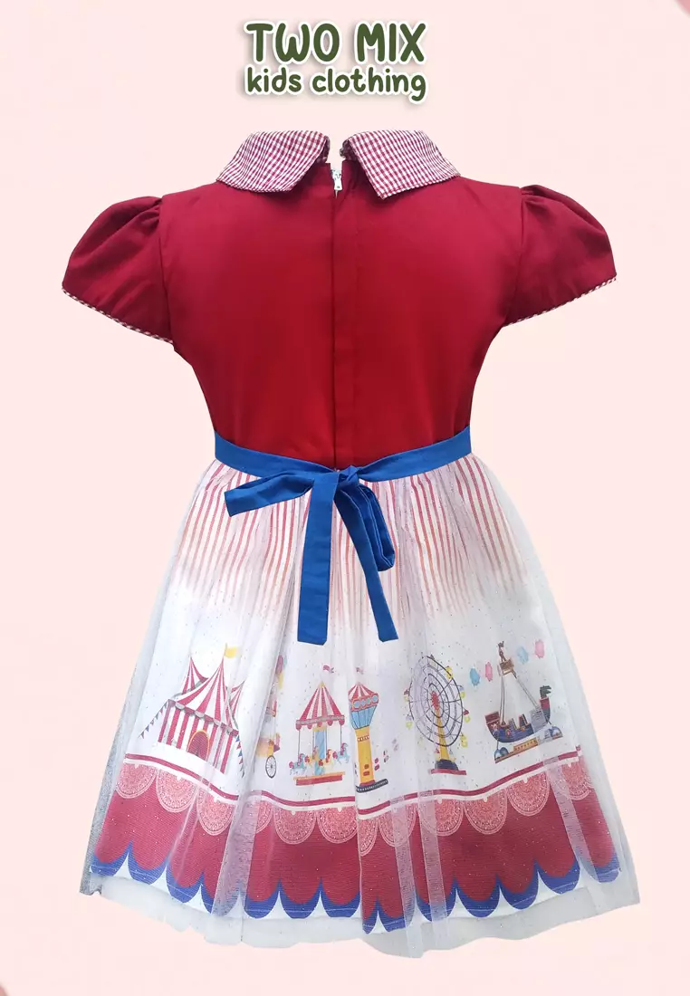 Two Mix Dress Anak Perempuan Lebaran - Gaun Anak Cewek Raya 1-12 Tahun Y891 Merah